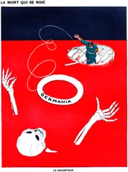 Kaiser Wilhelm Throwing a Lifebelt to Save Death from Drowning in a Sea of Blood, 13 April 1916